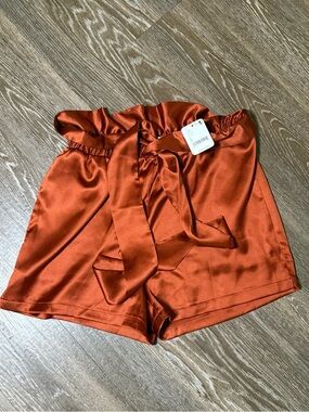 Allina Liu Satin Paperbag Waist Shorts in Burnt Orange